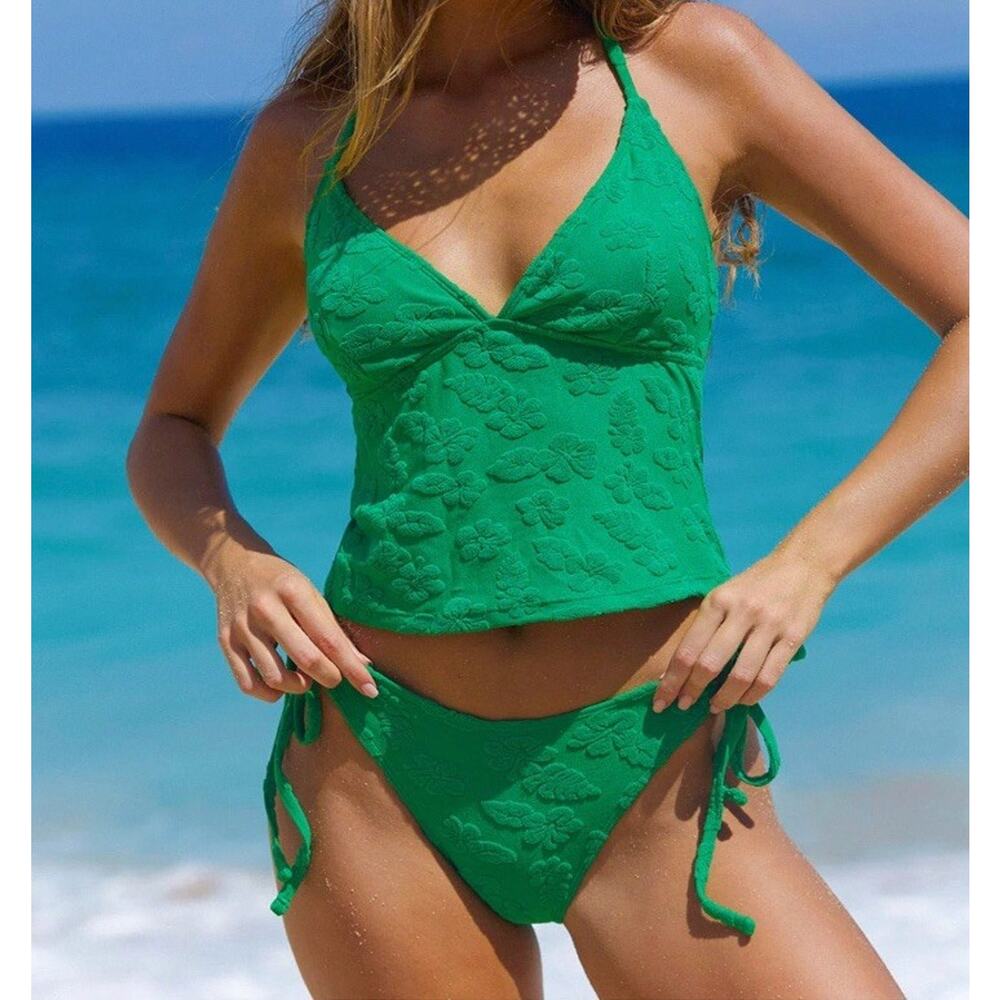 Samiol Medium Green Tropical Floral Terry Tankini Swimsuit New Size Medium - Picture 2 of 12